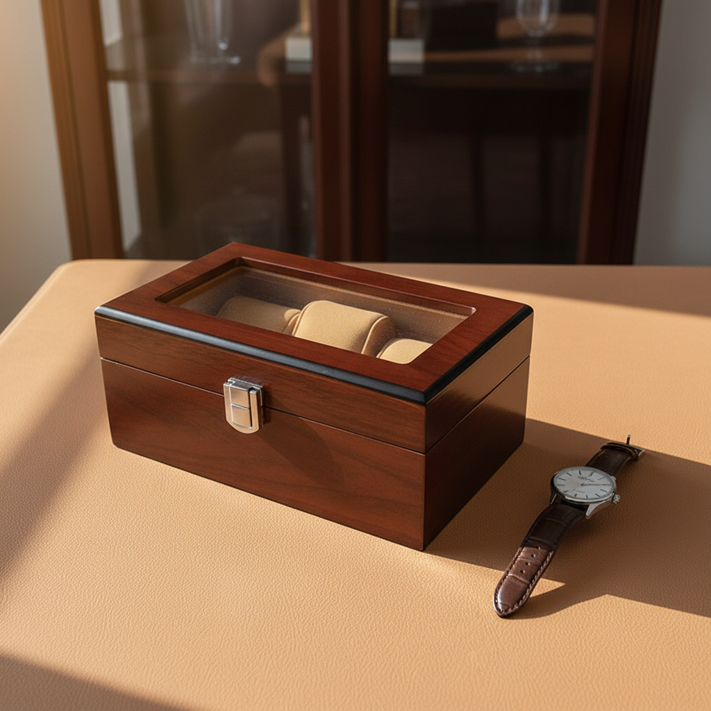 Custom Three Slot Glass Lid Wooden Watch Box