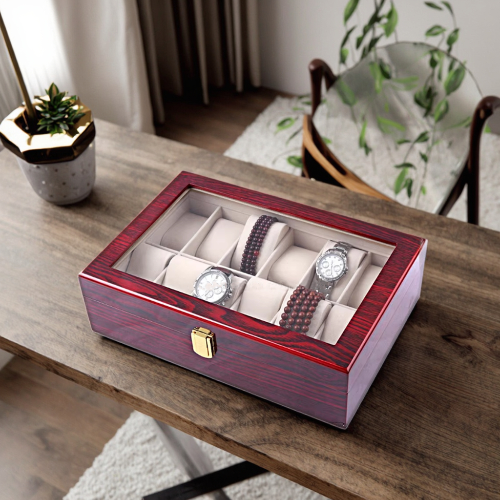 12 Slot Wooden Watch Jewelry Box with Clear Glass Top