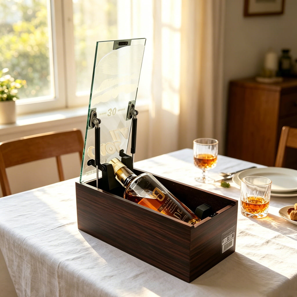 MDF veneer wine gift box with gas strut mechanism