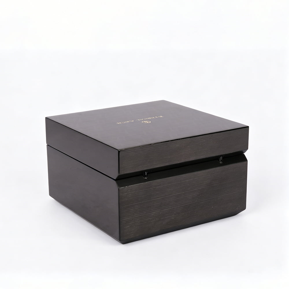 Luxury watch gift packaging with metallic logo