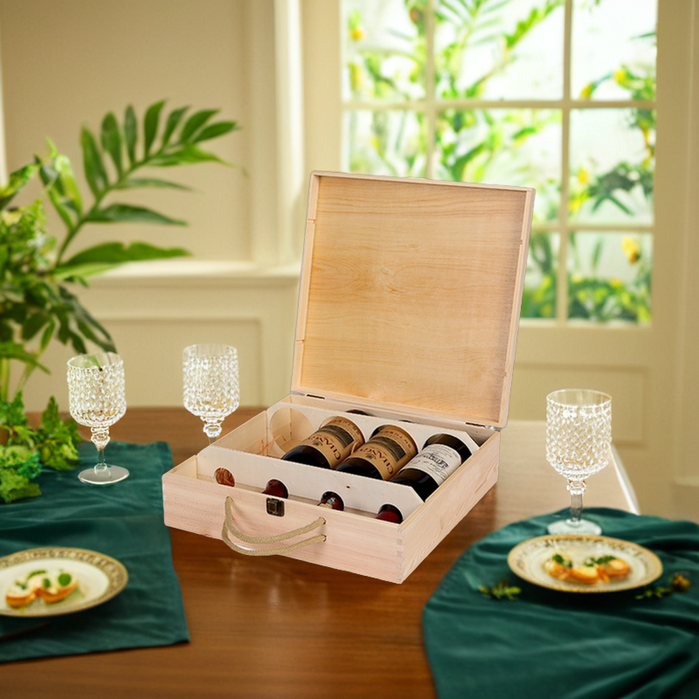 Solid Pine Four Bottle Wine Box for Whisky Gift Packaging