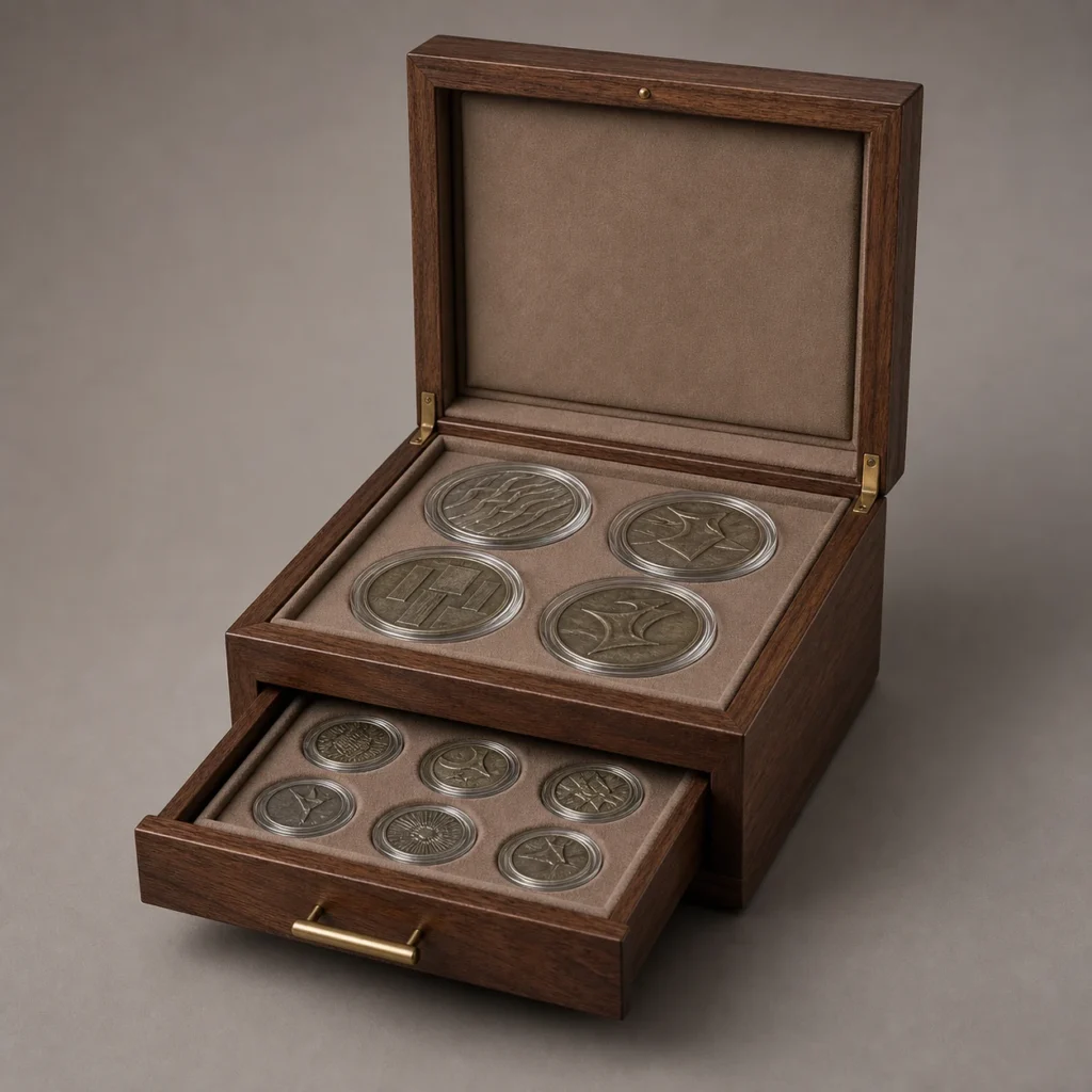 Walnut Wooden Box with Coin Capsule Drawer for Collections