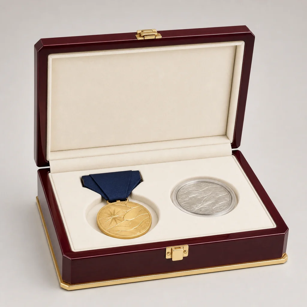 Burgundy Lacquer Wooden Box for Commemorative Coins and Medals