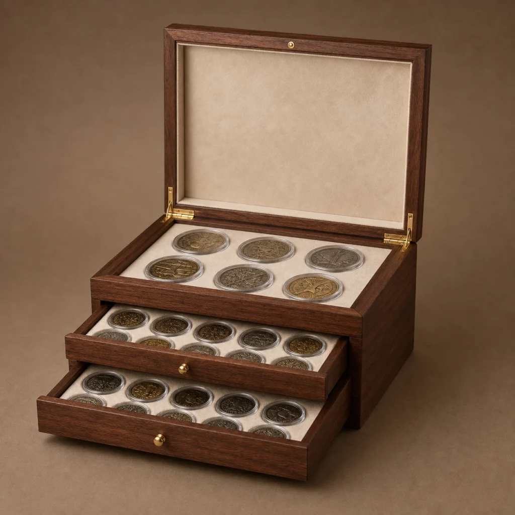 Walnut Multi Tier Coin Collection Chest in a Wooden Box Design