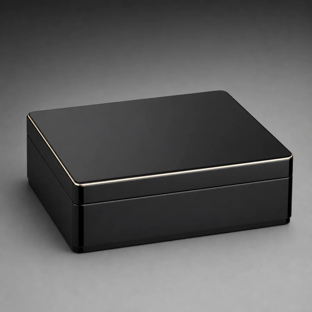 closed black piano lacquer coin collector box with mirror gloss finish