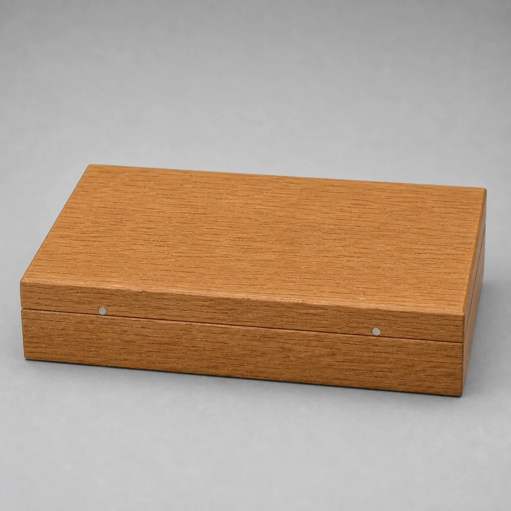closed oak double coin display box with natural wood grain
