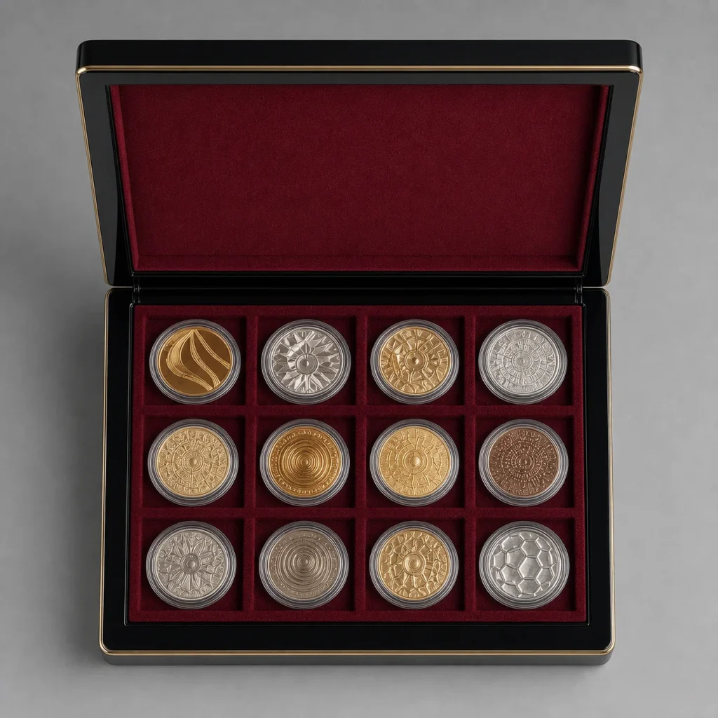 top view of black piano lacquer coin collector box with fitted insert
