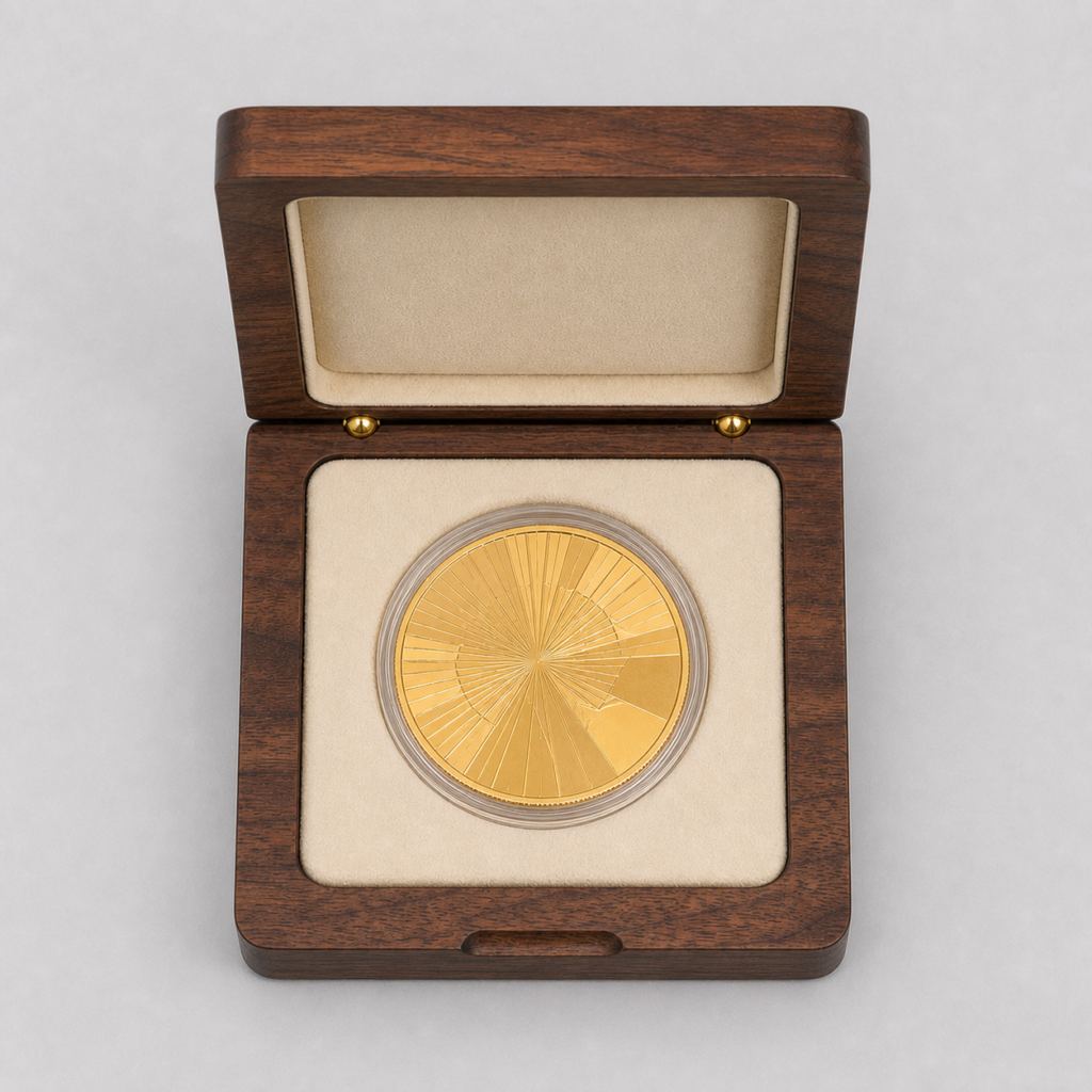 top view of walnut single coin box with cream insert