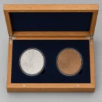 top view of oak double coin display box with two fitted recesses