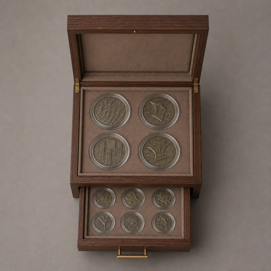walnut coin capsule drawer box top down open view