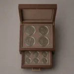 walnut coin capsule drawer box top down open view