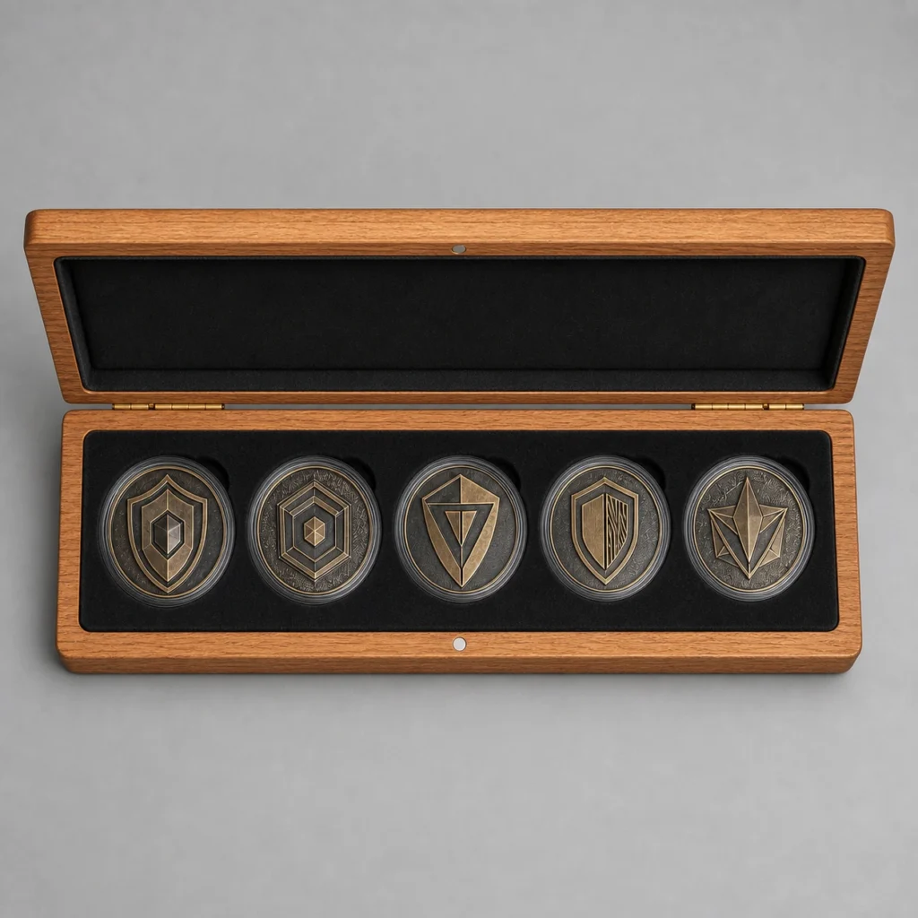 oak challenge coin presentation case top down open view
