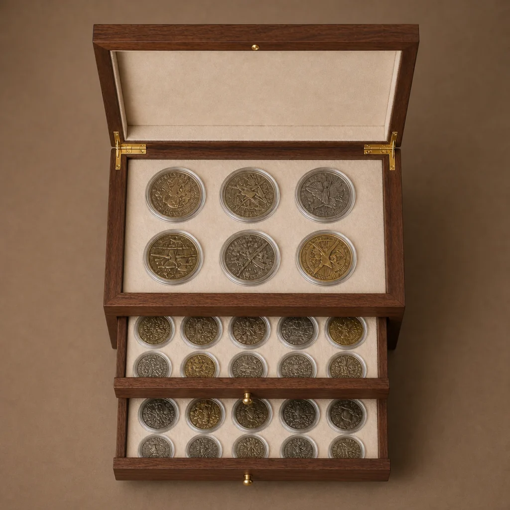 walnut multi tier coin collection chest top down open view