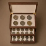 walnut multi tier coin collection chest top down open view