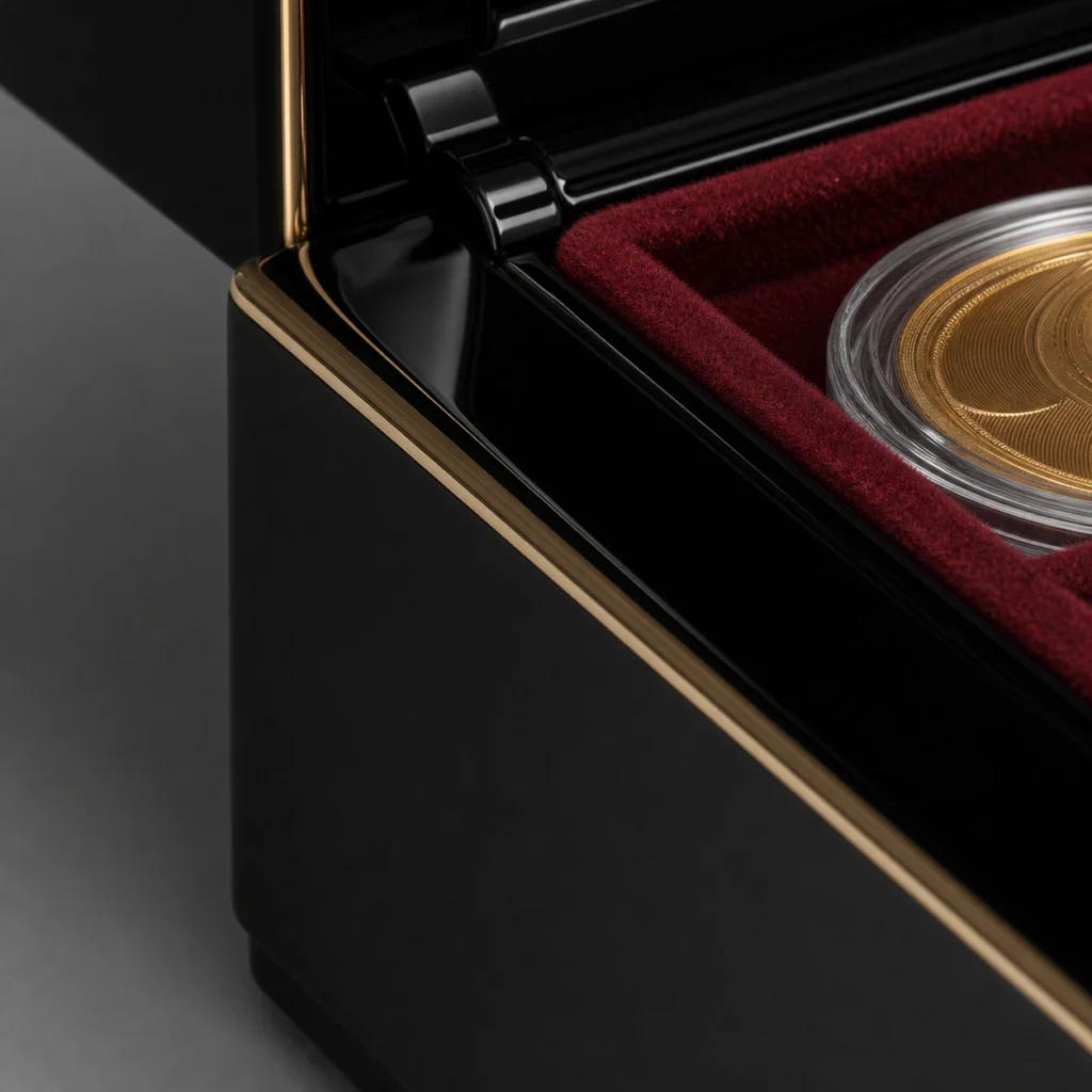 black piano lacquer coin box hinge lining and polished finish detail