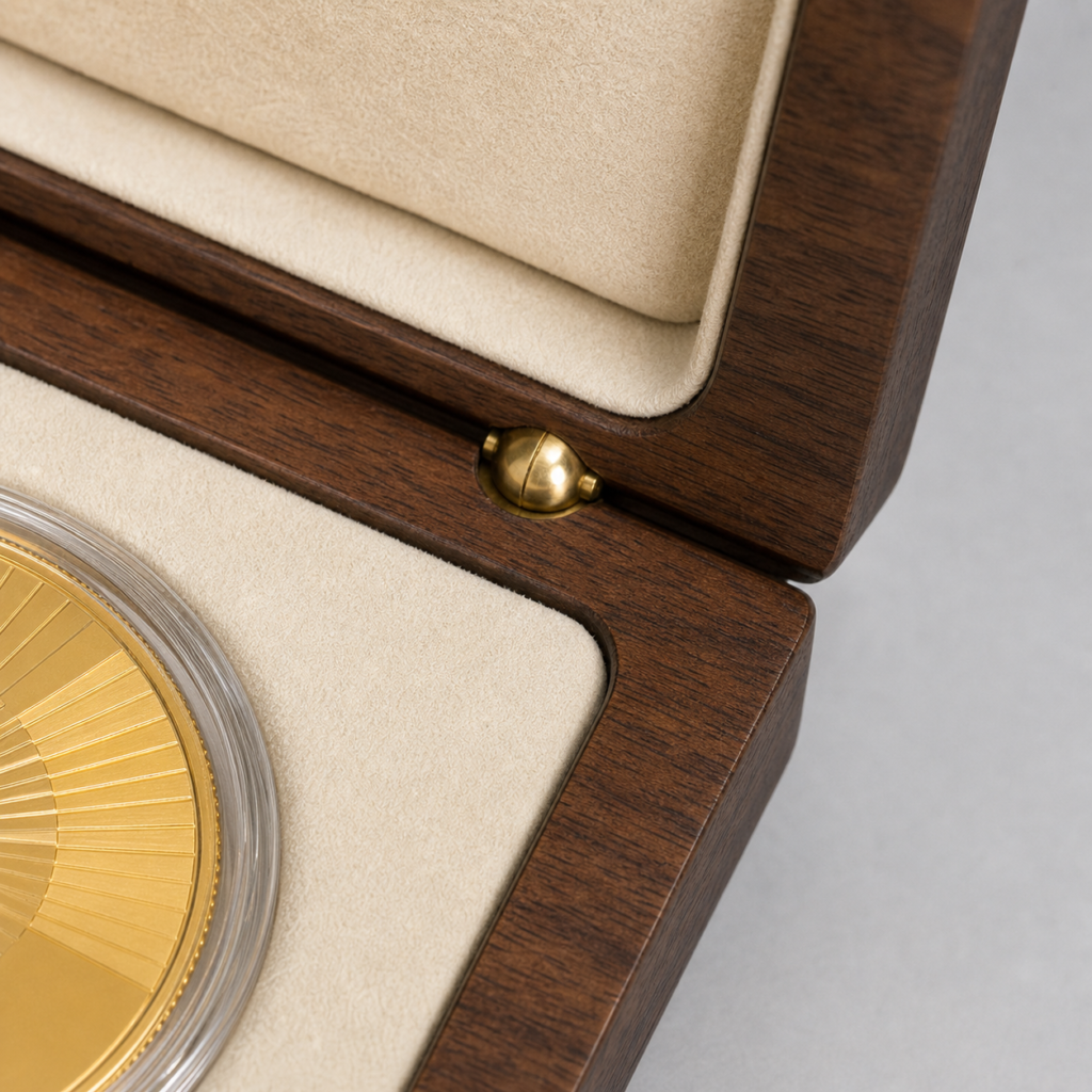 walnut coin box brass hinge and suede lining detail