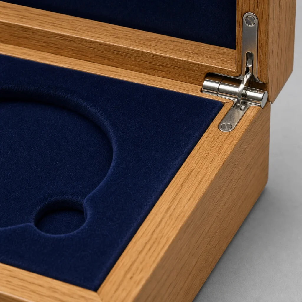 oak double coin box hinge lining and woodworking detail
