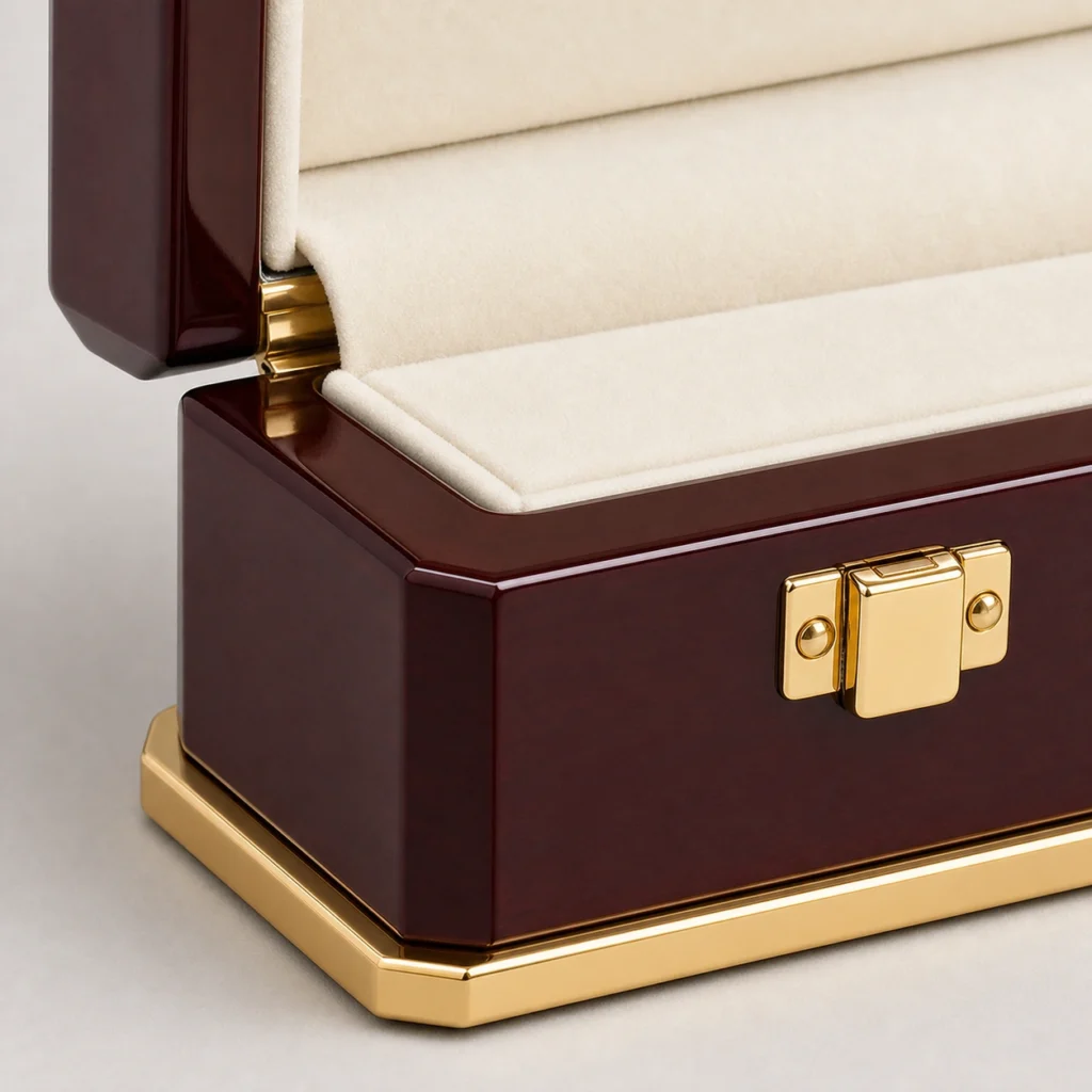 burgundy lacquer medal and coin box craft and hardware detail