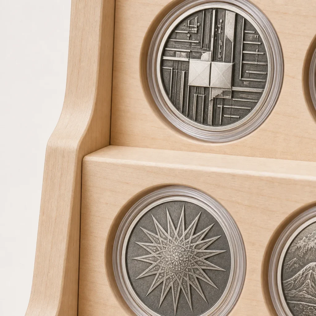 birch coin display stand craft and hardware detail