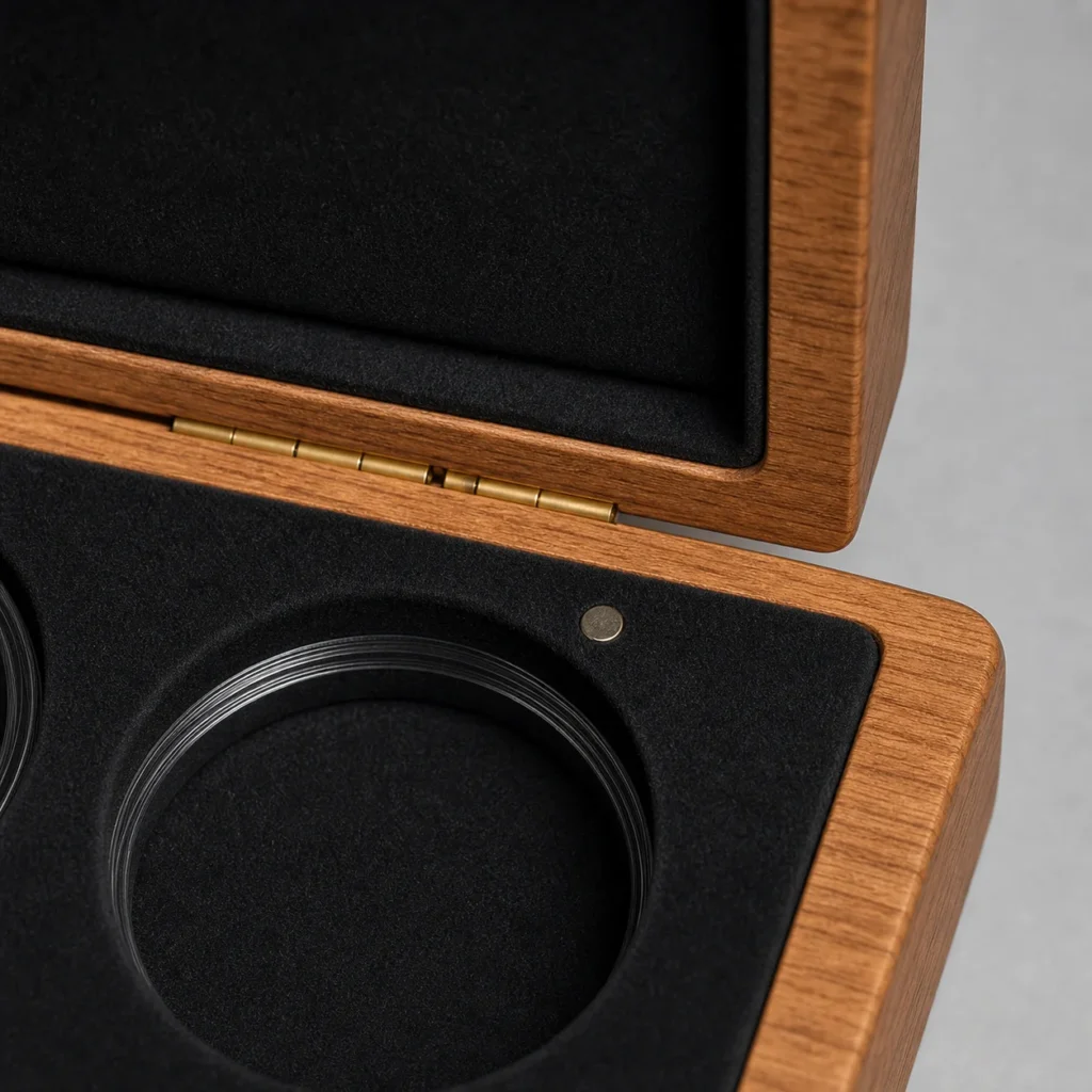 oak challenge coin presentation case craft and hardware detail