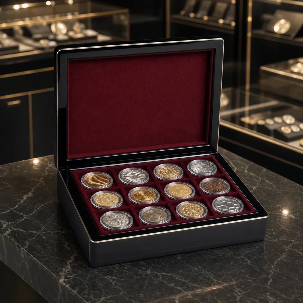 black piano lacquer coin collector box in premium showroom setting