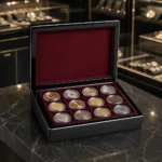 black piano lacquer coin collector box in premium showroom setting