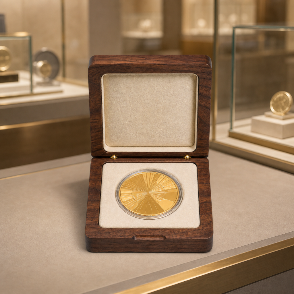 premium walnut coin display box in showroom setting