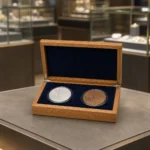 oak double coin display box in premium showroom setting