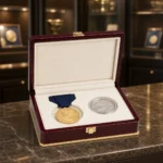 burgundy lacquer medal and coin box premium showroom scene