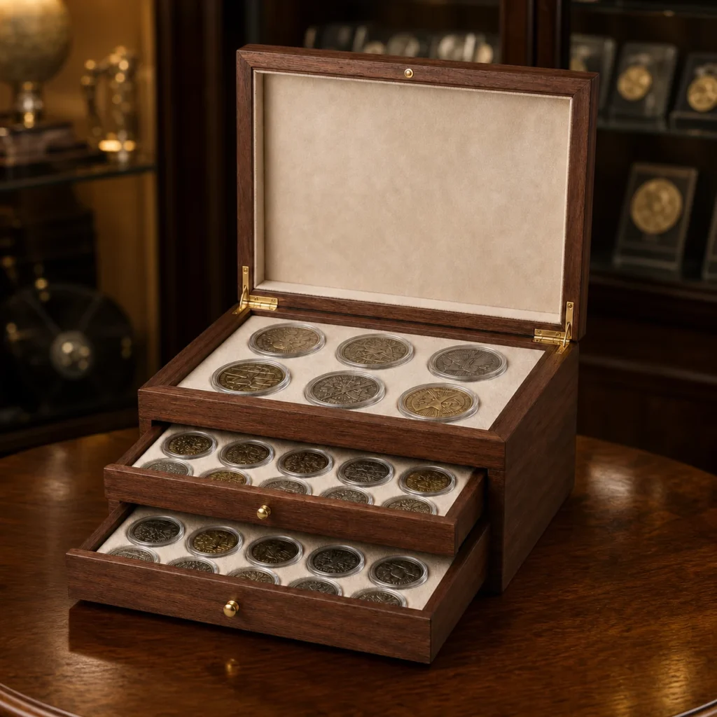 walnut multi tier coin collection chest premium showroom scene