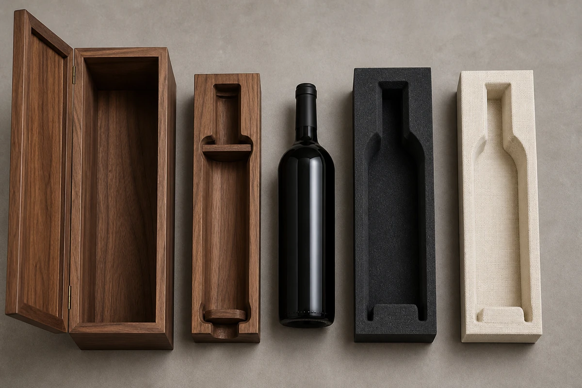 Wooden divider, fitted foam, and fabric-covered insert options arranged for a wooden wine box