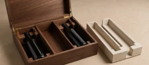 Open wooden wine box with two bottles, fitted dividers, and a fabric-covered insert option