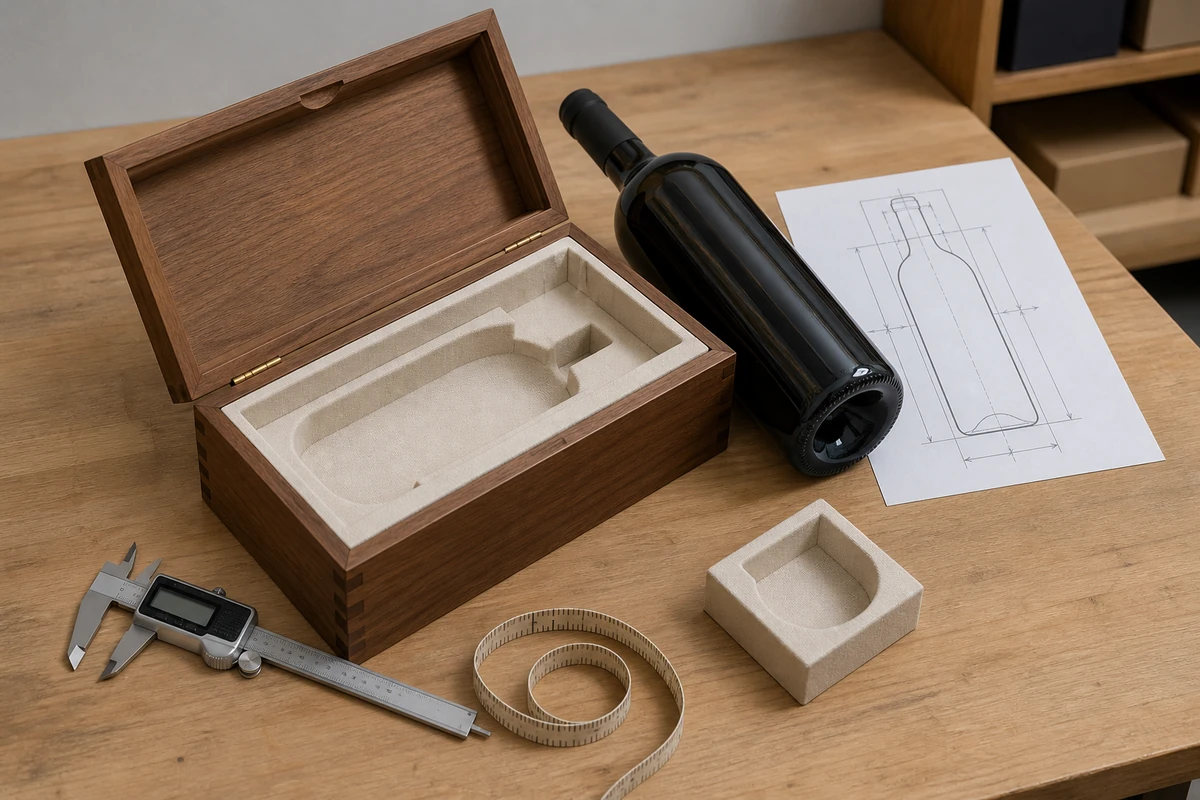 Wine bottle and insert fit-check setup with a wooden sample box, bottle drawing, and measurement tools