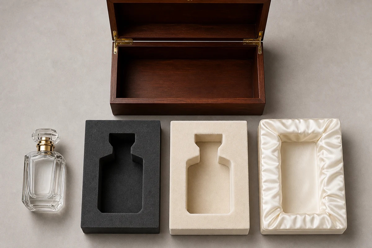 EVA, fabric-covered foam, and satin-lined insert constructions displayed beside a wooden perfume box
