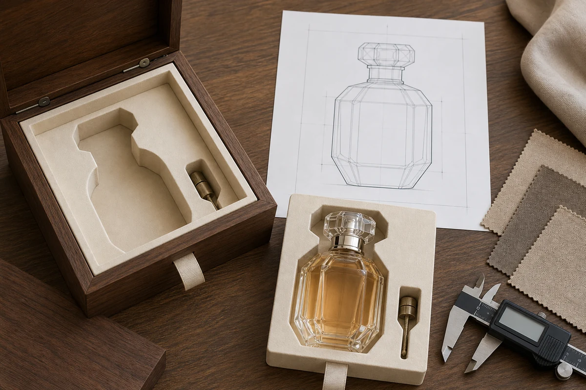 Perfume bottle sample, measurement drawing, wooden box insert, and fit-check tools arranged on a worktable