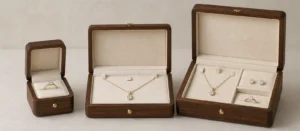 Coordinated wooden ring, necklace, and jewelry set boxes with product-specific cream inserts