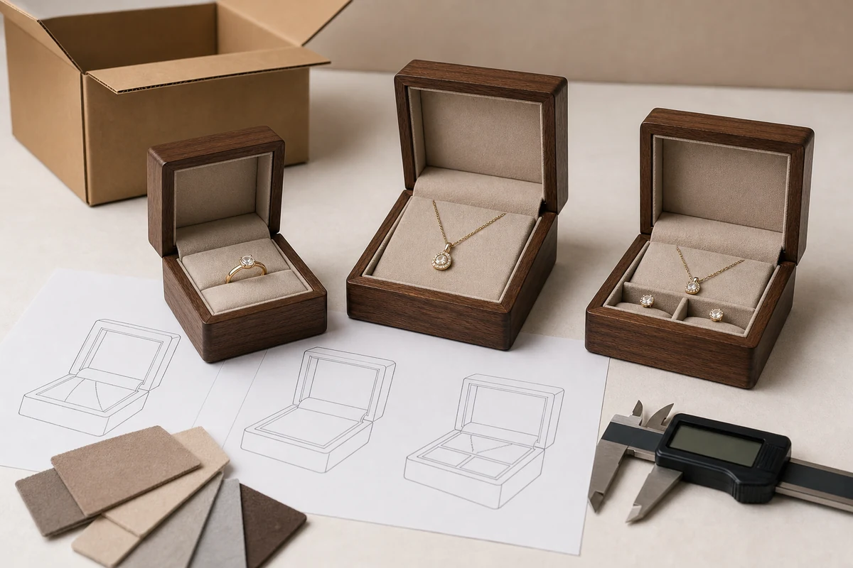 Loaded jewelry box samples, product drawings, and packaging fit-check tools arranged for approval