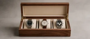 Open walnut watch box with three watches presented on individual cream cushions