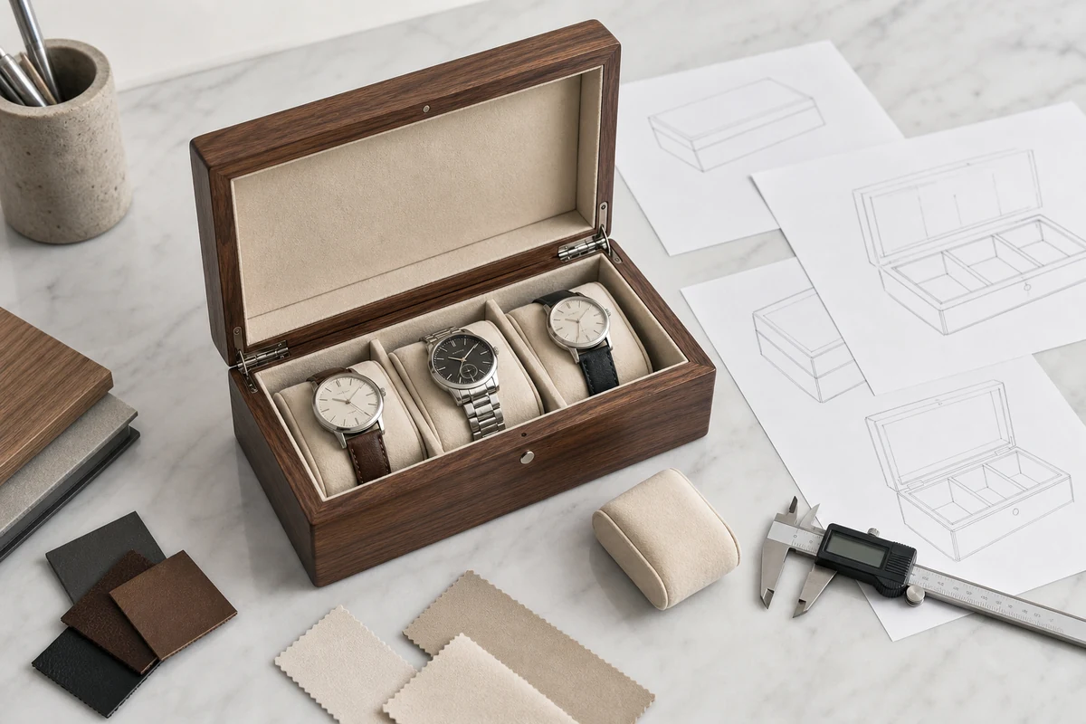 Wooden watch box sample with watches, cushions, drawings, and fit-check tools on a worktable