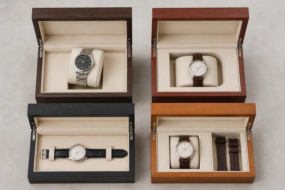Four wooden watch box insert concepts using a cushion, C-shaped holder, flat tray, and fitted accessory layout