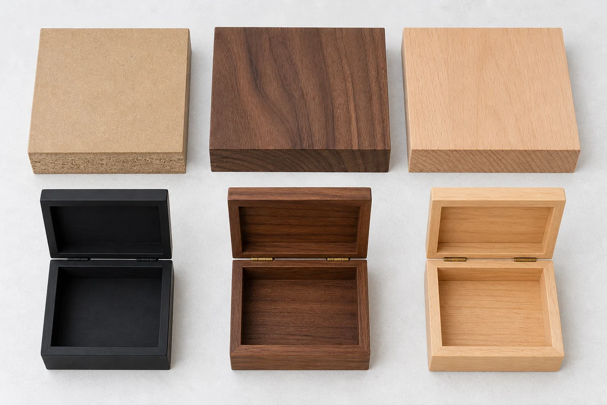 MDF vs solid wood samples beside painted, veneered, and natural-grain wooden boxes
