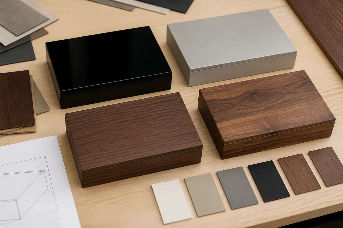 MDF vs solid wood finish samples showing piano lacquer, veneer, stain, and clear-coated grain