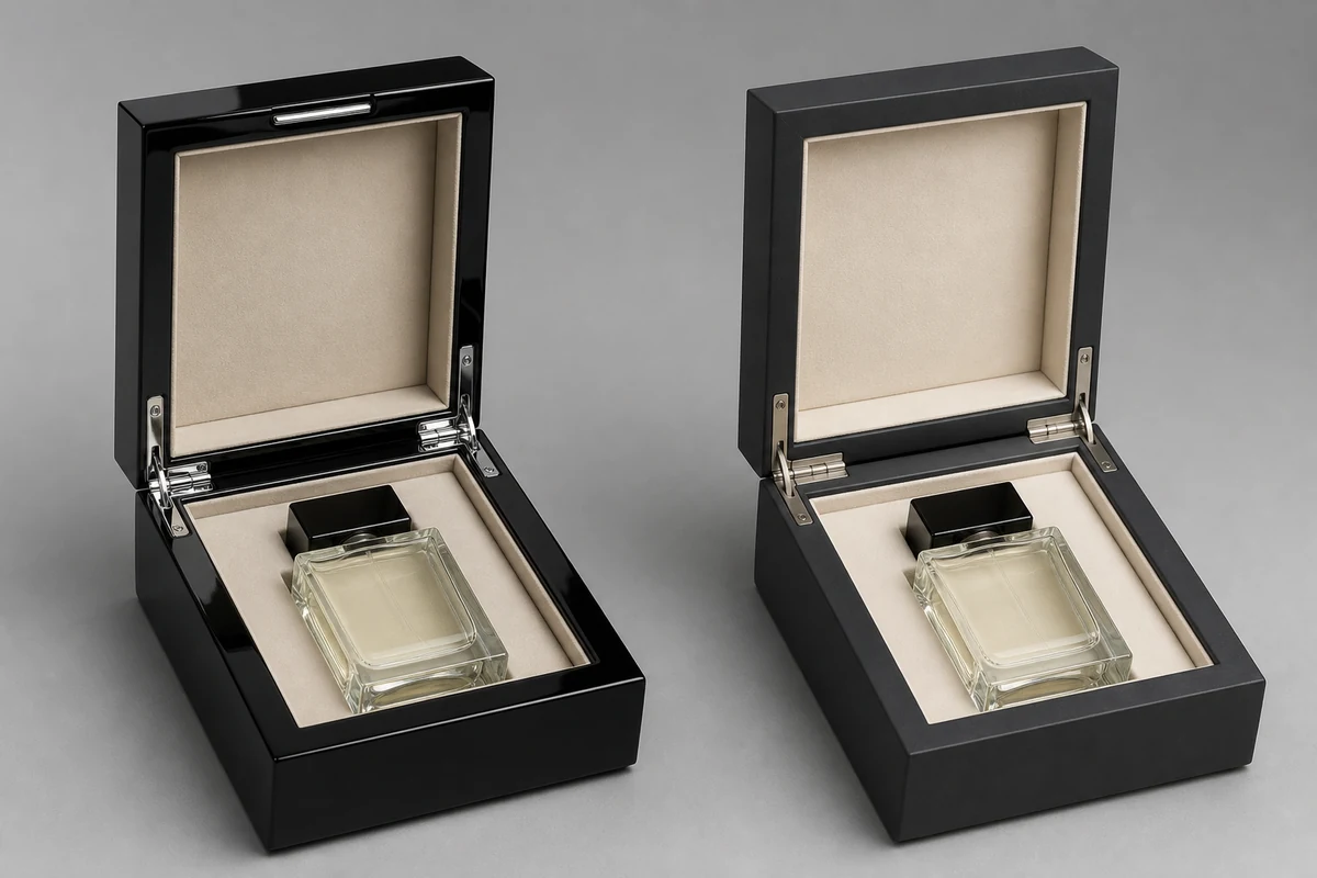 Piano lacquer vs matte finish wooden perfume boxes shown under controlled studio lighting