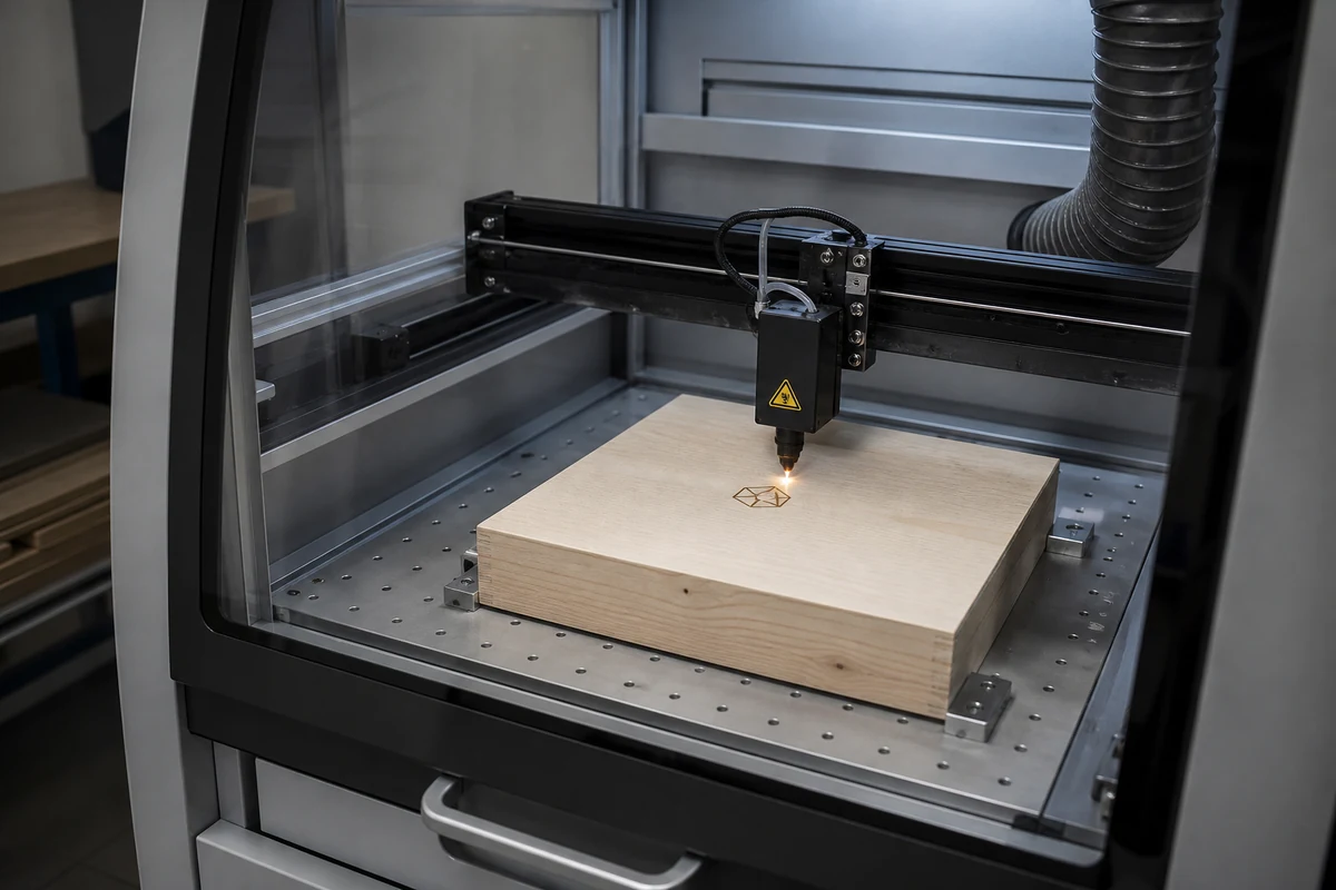 Laser engraving on wooden boxes during a controlled logo marking process
