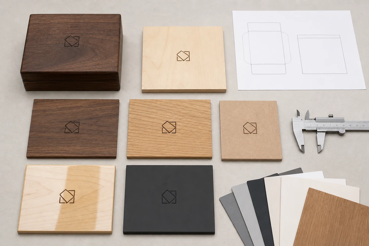 Laser engraving on wooden boxes sample panels for contrast and grain approval