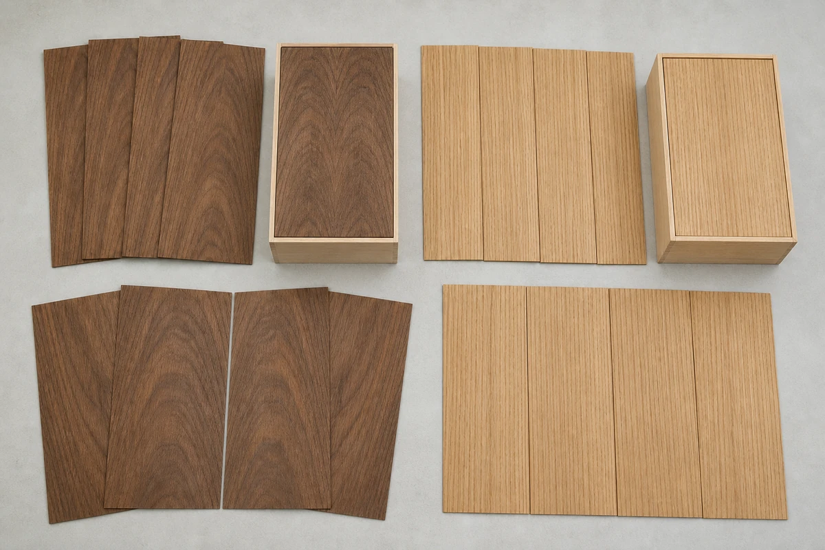 Wood veneer for wooden boxes shown in cut and grain-matching arrangements