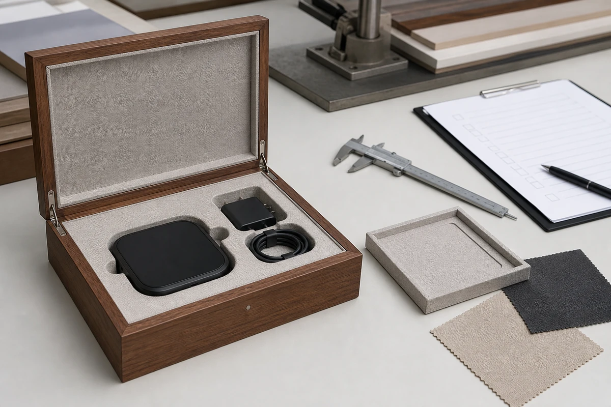 Electronics presentation box fit check with device, cable and accessory inserts