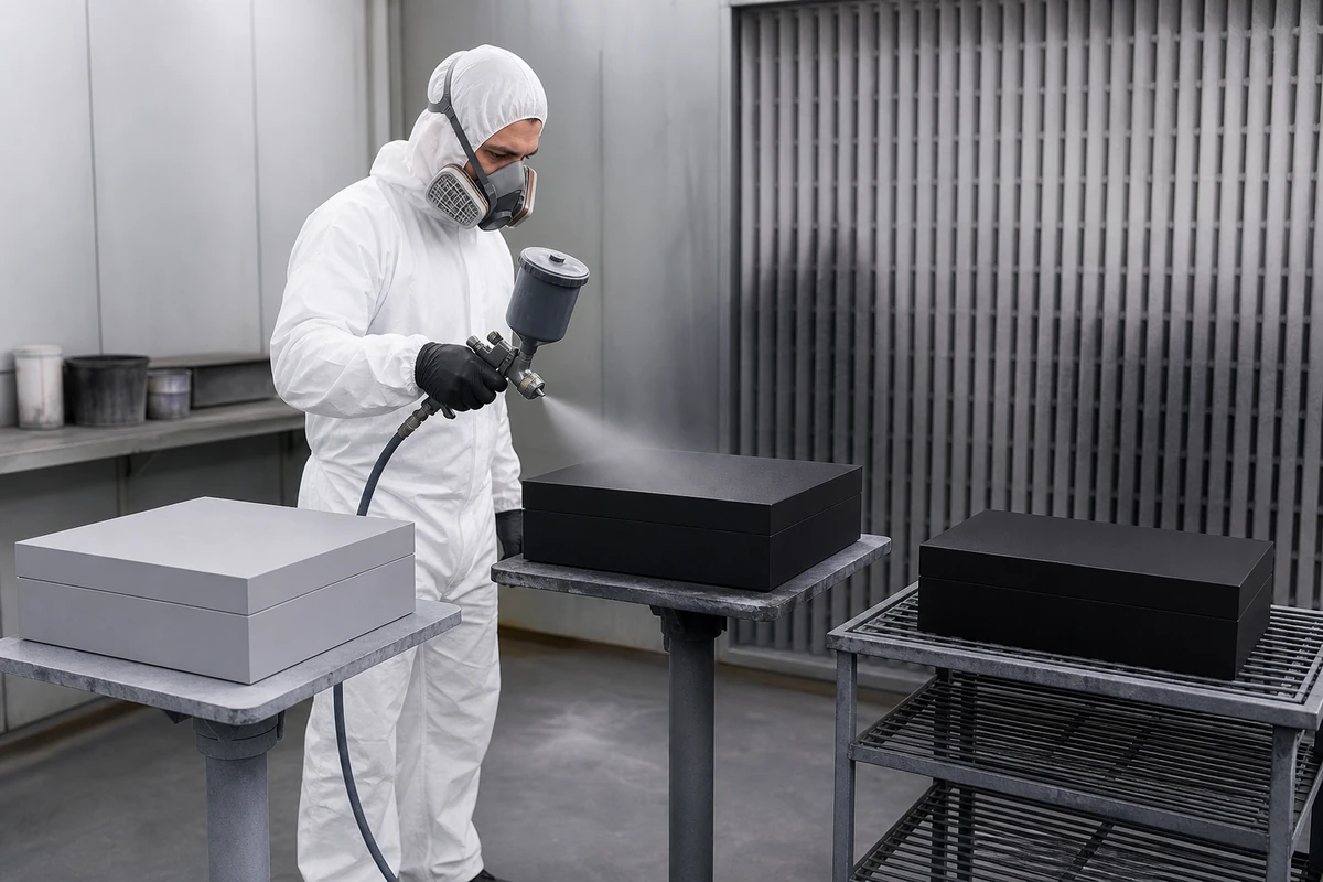 Spray painting for wooden boxes during primer and color-coat production