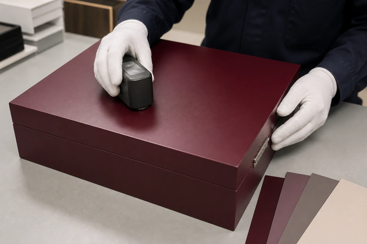 Painted MDF wooden box sample check for color sheen edges and surface quality
