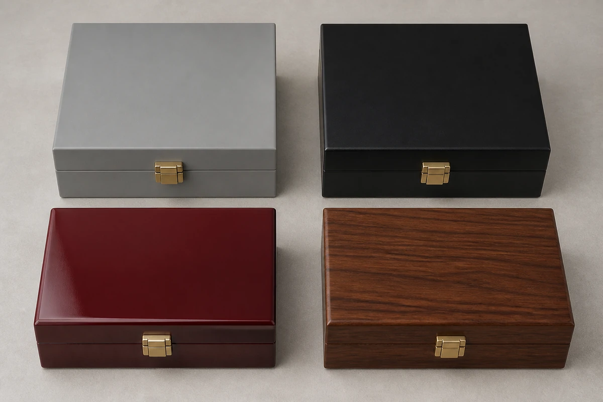 MDF for wooden boxes shown with matte paint gloss lacquer and wood veneer finishes